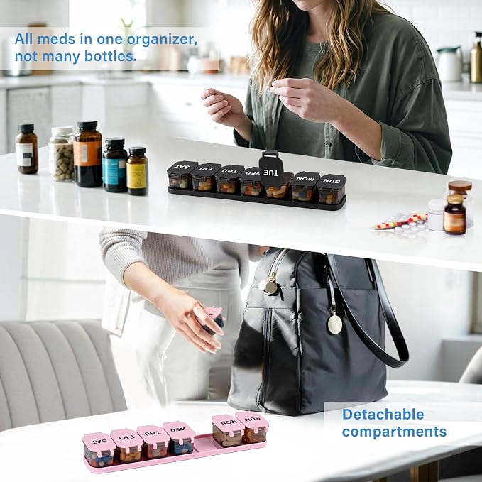 Yaklim Extra Large Weekly Pill Organizer - Waterproof 7-Day Pill Box, Portable Vitamin & Supplement Case, Easy to Open Design, Ideal for Travel and Daily Medication Management (Blackpink, 2 Packs)