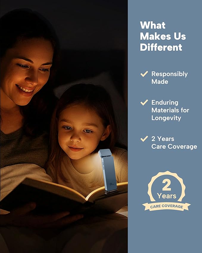 86lux Book Light, Rechargeable Clip-On LED Reading Light for Bed & Night Use - 3 Color Temperatures with Stepless Dimming, Ultralight Bookmark Design for Kids, Book Lovers, Blue