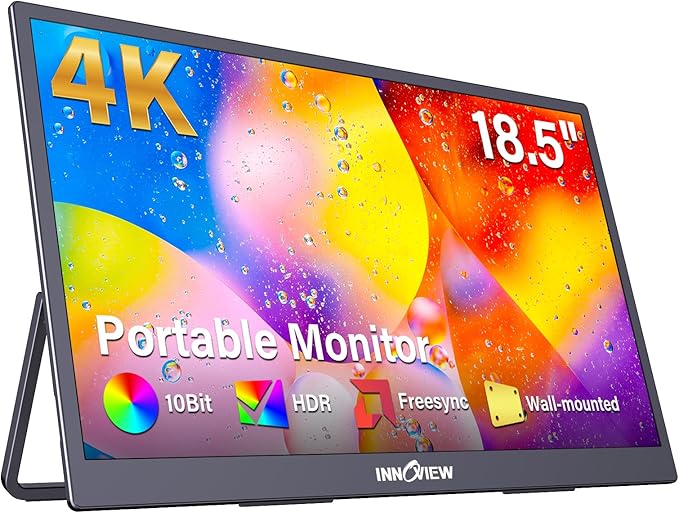 InnoView 4K Portable Monitor 18.5" 3840x2160 UHD USB-C HDMI for Laptop, 10Bit IPS Computer Gaming Display HDR Travel Monitor with W/180°Adjustable Stand for Desktop Mac Phones Tablet PS5/4 Switch