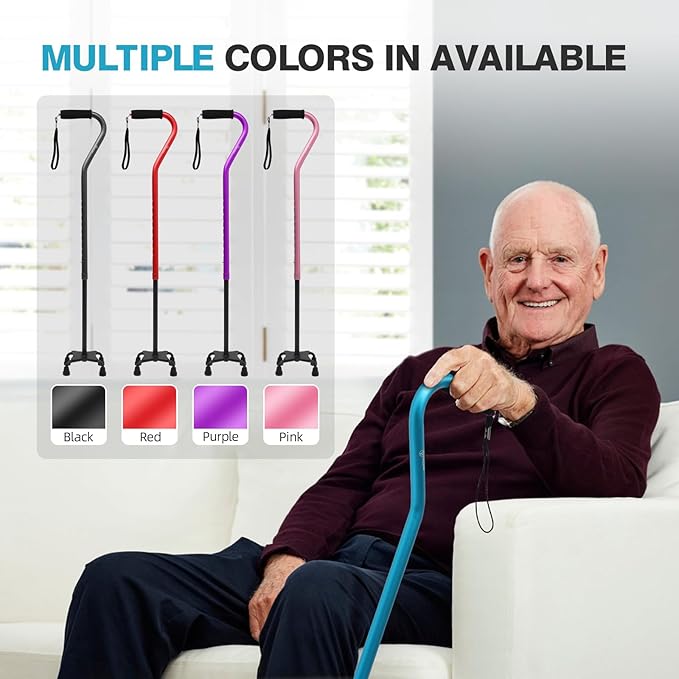 BeneCane Quad Cane Adjustable Walking Cane with Offset Soft Cushioned Handle for Men & Women Lightweight Comfortable with 4-Pronged feet for Extra Stability