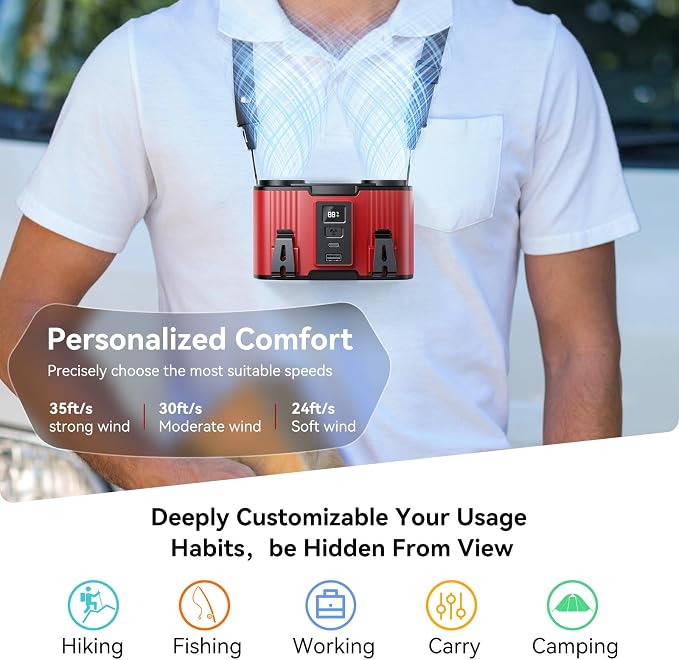 Doublepow 24000mAh Portable Waist Fan, Personal Fan, Dual Air Ducts Motors, Rechargeable Clip On Belt for Working, 10 Speeds 45H Wearable Neck Cooling, for Outdoor Work Travel, Power Outage (Red)