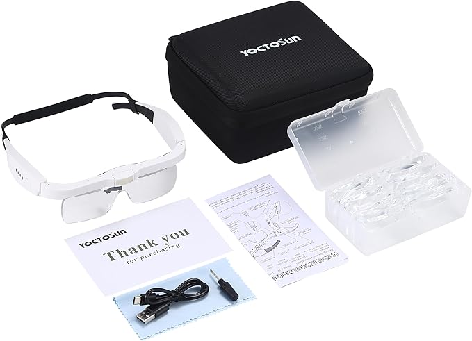 YOCTOSUN Headband Magnifier with 3 LED Lights, Storage Case, Head Strap and 5 Detachable Lenses 0.75X,1.25X,2.0X,3.0X 4.0X, Magnifying Headset for Close Work, Hobby & Crafts