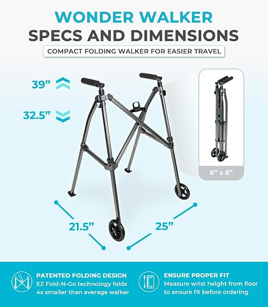 Stander Wonder Walker with 5-inch Wheels, Lightweight Folding Walker for Adults, Seniors, and Elderly, Collapsible Travel Walker, Ski Glides for Mobility Support, Compact, Black Walnut