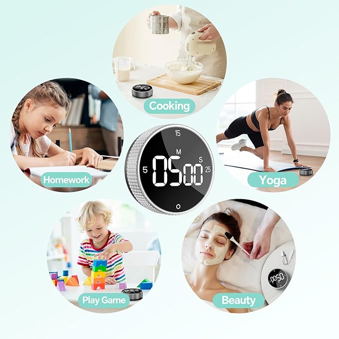 Digital Kitchen Timer with Magnetic, Large LED Display Countdown/Countup Timer, Pomodoro Preset 5/15/25 Mins, Volume & Brightness Adjustable for Cooking Baking Working Studying Silver