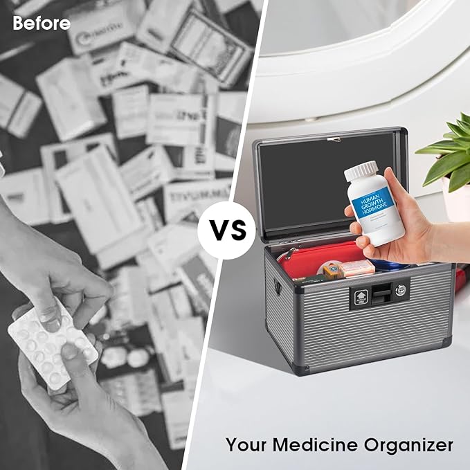 Medicine Lock Box with Key, Alluminum Alloy Box for Medication,First Aid Box with a Removeable Tray to Store Medicines & Pills for Home,Black 10 * 6.89 * 6.89 Inch