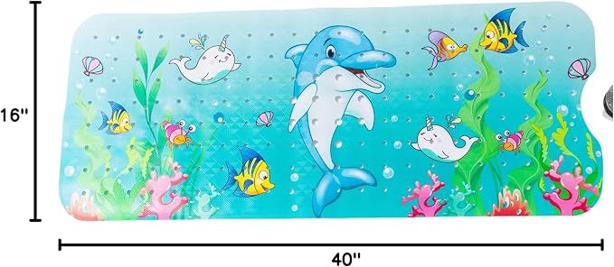 ENKOSI Bath Mat Long 40x16 – Non-Slip Bathtub Mat with Secure Suction Cups & Drain Holes with Fun Dolphin Design - Bathroom Shower Mat for Tub for Kids and Toddlers (Bath Dolphin)