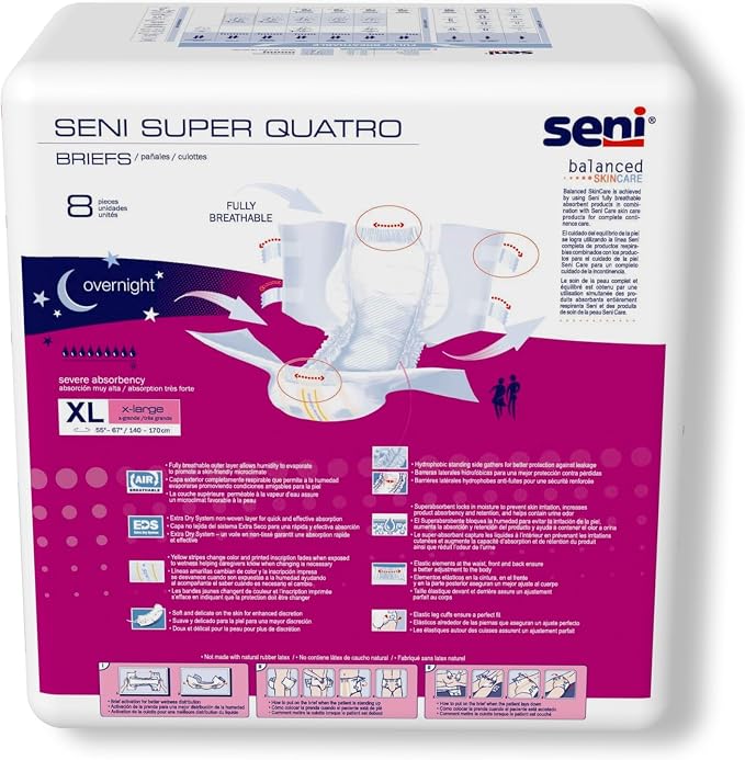 Seni Super Quatro Unisex Adult Incontinence Briefs with Tabs, Size X-Large (55"-67"), 16 Count (2 Packs of 8), Severe Absorbency, Disposable Overnight Briefs for Men & Women