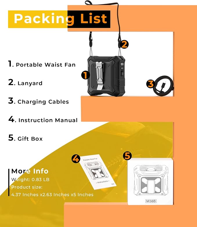 TUNISE Portable Fan with 5-Speed Settings, Dual-Sided Clip on Wearable Belt Waist Fan for 8000mAh, 2 Settings including Flashlight,Travel Essential for Outdoor Camping as Power Bank