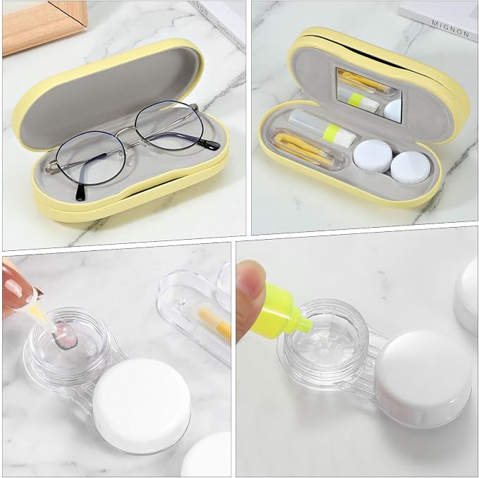 MoKo Double Eyeglass Case, Contact Lens Case with Mirror Tweezers Remover, 2 in 1 Double Sided Portable Contact Lens Box Holder Container Soak Storage Kit Sunglasses Pouch for Men & Women, Yellow