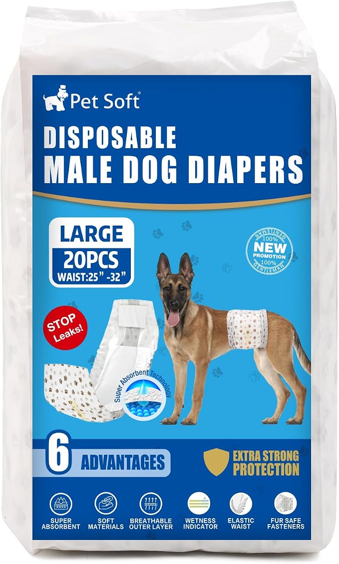Pet Soft Dog Diapers Male - Disposable Male Dog Wraps Wetness Indicator, Ultra Absorbent Doggie Diapers Comfortable for Incontinence Excitable Urination, 20pcs Large