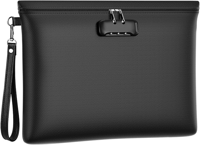 Fireproof Document Bag with Lock, ZOOPIP 14.6"x10.5" Fireproof and Waterproof Money Bag with Zipper Closure, Storage Pouch for A4 Letter Size Document, Cash, Cell Phone, Passport-Black