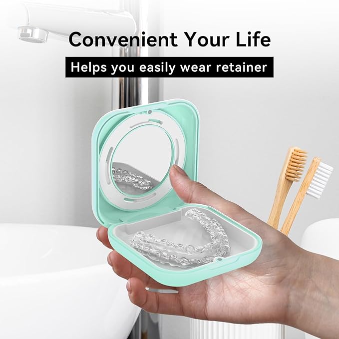 HEMILAB® Retainer Case, Slim Aligner Case with Vent Holes, Compatible with Invisalign, Mouth Guard Case with Mirror, Cute Orthodontic Retainer Case with Retainer Removal Tool and Brush, MintGreen