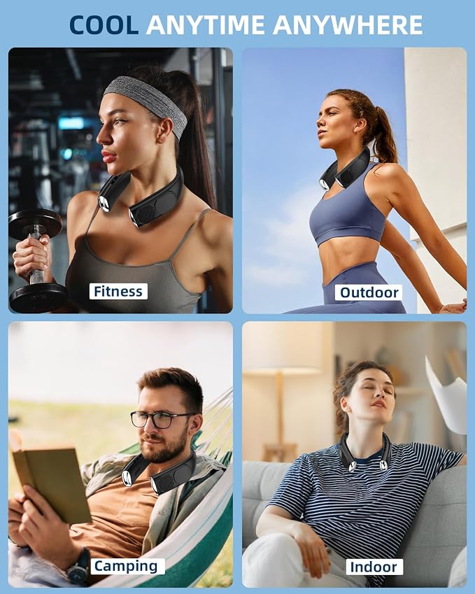 JIAGE Neck Fan, Bladeless Wearable Hands-Free Portable Fan, 5200mAh Rechargeable, 360° Cooling with 3 Speeds, Ultra-Quiet Personal Fan LED Display, Idea for Home, Office, Travel, Sports- Black