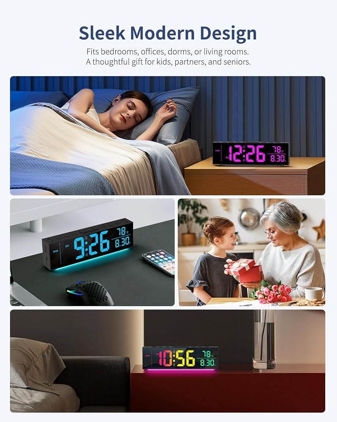 Digital Clock, Alarm Clock for Bedroom, Digital Wall Clocks for Classroom, Living Room Decor, Desk Clock Large Display, 13 Number Display Colors, 12 Ambient Light Colors, Auto Dimming, DST (Black)