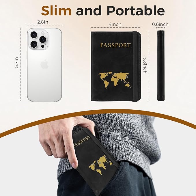 Passport Holder Travel Women Men, Passport Wallet with Airtag Slot, Black | RFID Blocking PU Leather Passport Holder Cover Case with Card Holder, Pen Slot