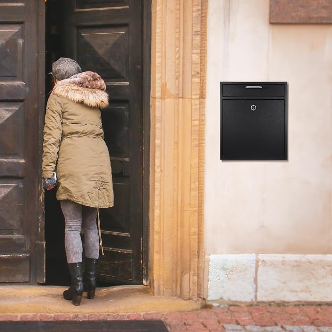 Yaocom Locking Mailbox with Key for Outdoor 12 x 10.5 x 4.7 Inches Large Wall Mount Mail Box with Lock Security Mail Drop Metal Collection Boxes Hanging Secure Postbox(Black)
