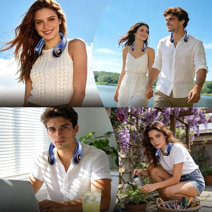 Portable Neck Fan, 5000mAh Bladeless Fan with 3 Built-in Fans, Instant Cooling 360° Surround Airflow & LED Display, Wearable Personal Fan for Outdoor, Travel, Gifts for Women Men (Blue)