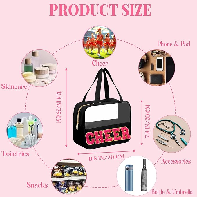 Chenille Pink Letter Cheer Bag Cheerleader Gifts for Team Women Girls Cheer Stuff Accessories Makeup Bag with Handle and Zipper, Cheer Gifts