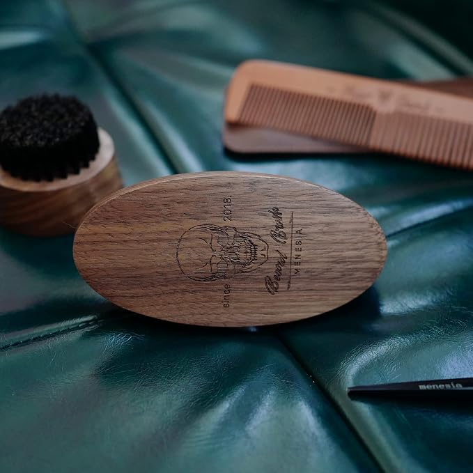Walnut Wood Boar Bristle Beard Brush for Men | Soft & Smoothing Boar Bristles, Skull Print, Small Pocket Travel Size