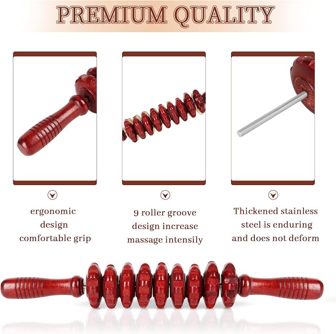 Liitrton Manual Wooden Massage Roller Stick for Legs, Body Roller, Red | Wood Therapy Massage Tools for Trigger Points Relief, Sore Muscle Recovery