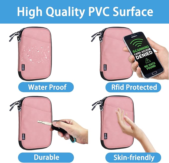 Lagre family passport holder for 4 multiple passport bag for travel passport cover rfid blocking for women waterproof wallet with zipper airtag passport case for men (pink with faint patterns)