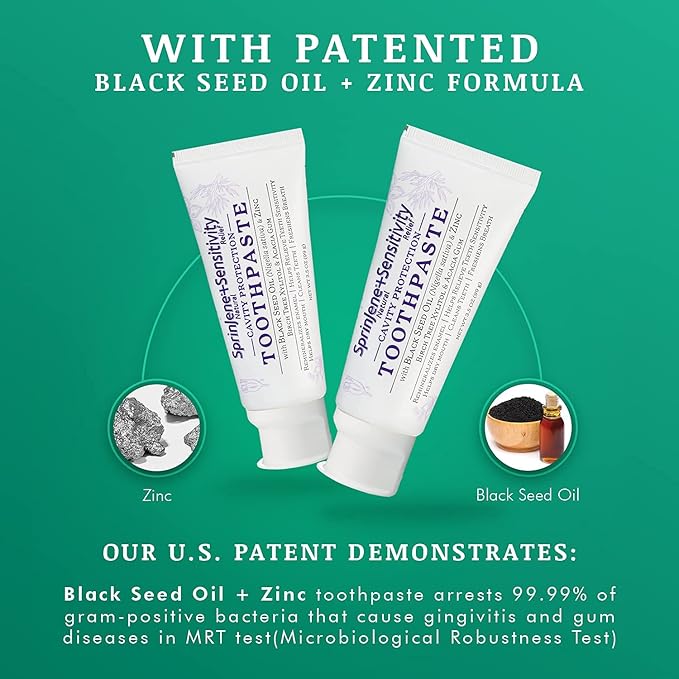 SprinJene Natural Sensitivity Relief Toothpaste – Fluoride Toothpaste for Sensitive Teeth & Cavity Protection – SLS Free with Patented Black Seed Oil & Zinc – Made in The USA (4 Pack)