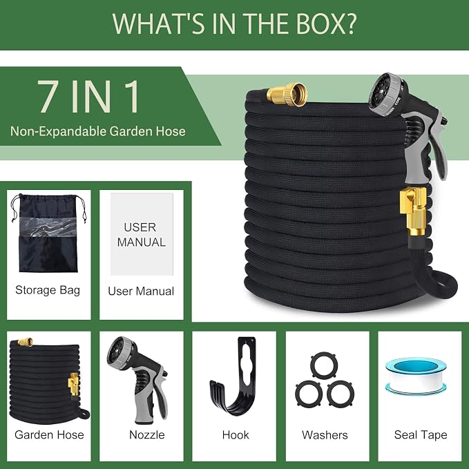 Garden Hose 75 ft, Non-Expandable Flexible Water Hose with 10 Function Spray Nozzle, Lightweight, Leak Proof, Kink-Free, Portable Hose for Outdoor, Yard, Lawn, High-Density Fabric, Black Grey