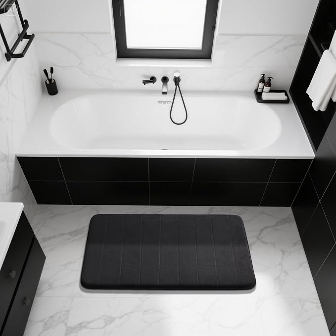 Yimobra Large Bath Mat 36"x24", Super Soft Quick Dry Memory Foam Bathroom Rug, Water Absorbent, Non Slip Backing Machine Washable for Tub Shower, Thick Comfort Support, Black
