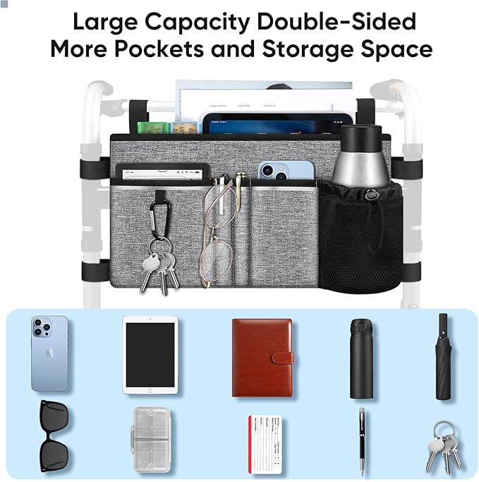 FINPAC Large Walker Tote Bag with Cup Holder, Folding Walker Attachment Hands-Free Storage Basket Mobility Aid Accessory Pouch for Elderly, Senior, Gray