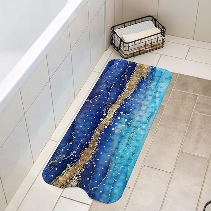 LNOND Marble Bath Tub Mat Non Slip, Extra Long 40 X 16 Inch Anti Slip Mat for Bathtub, Blue Gold Marble Shower Mat with Drain Holes and Suction Cups, Machine Washable
