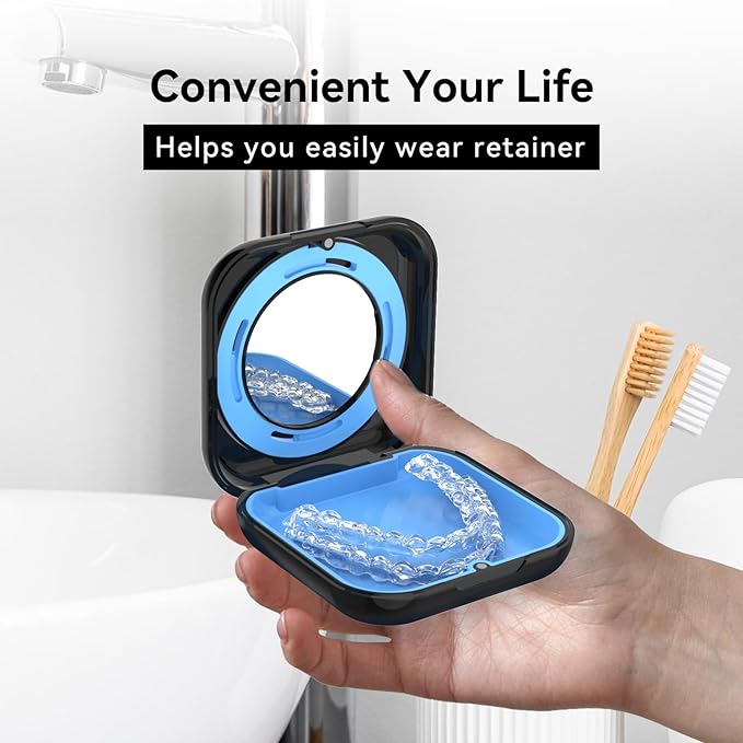 HEMILAB® Retainer Case, Slim Aligner Case with Vent Holes, Compatible with Invisalign, Mouth Guard Case with Mirror, Cute Orthodontic Retainer Case with Retainer Removal Tool and Brush, Black