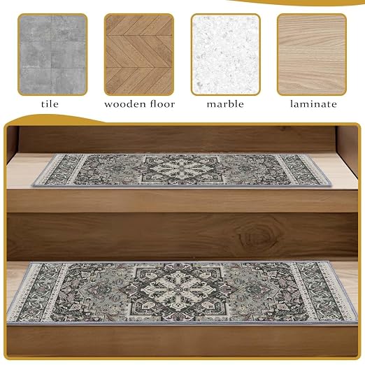 8”x 30” Carpet Stair, Anti-Slip Carpet Treads for Wooden Steps, Self-Adhesive Decorative Stair Runners, Slip-Resistant Treads for Indoor Wooden Staircases (15, Grey, 8X30 inch)