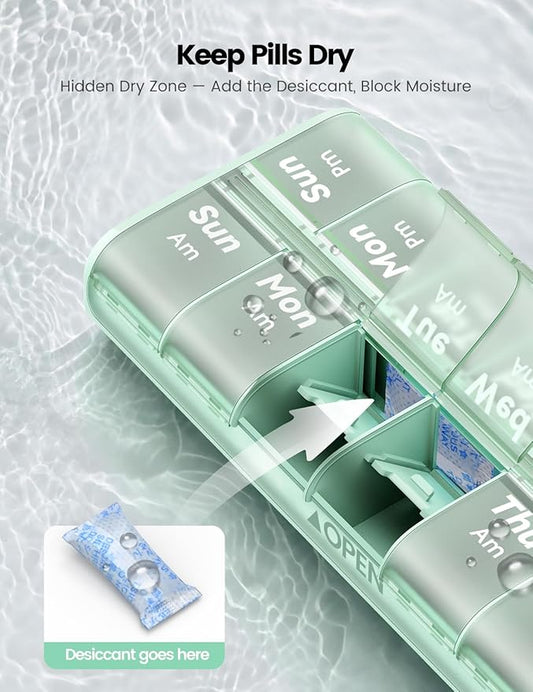 Weekly AM PM Pill Organizer 7 Day, Large 2 Times a Day Pill Box Case with Carry Handle, Moisture-Proof Desiccant & Secure Easy-Open Lids for Vitamins and Supplements