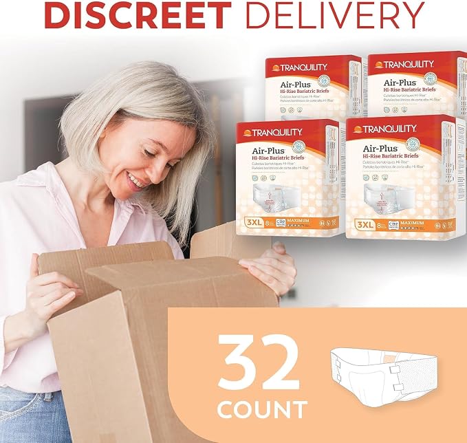 Tranquility Bariatric Disposable Briefs 3X-Large with HI-Rise High Waistline, Peach Mat Core & Secure Kufguard Technology for Skin Integrity, Latex-Free, 34oz Capacity, 32ct Case