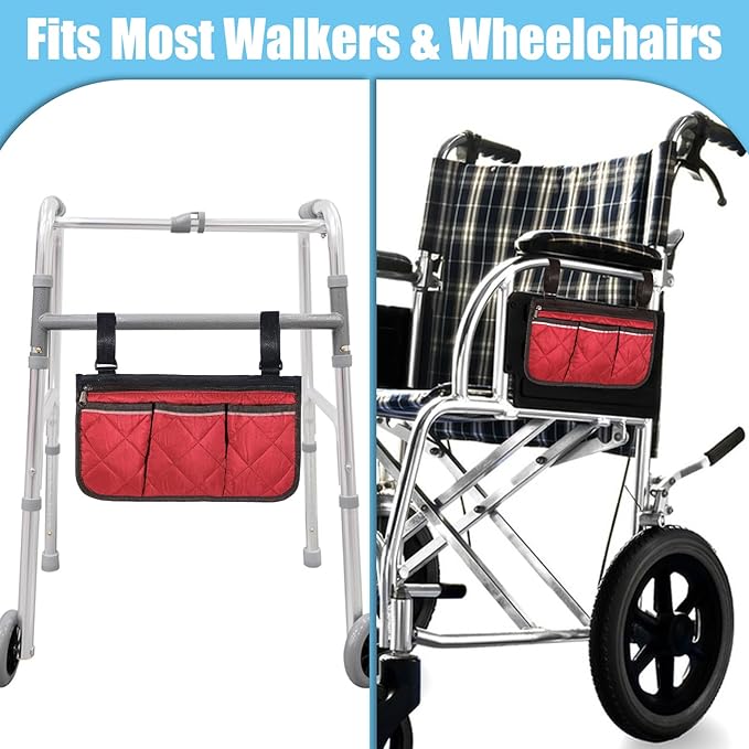YBEATY Walker Bag Walker Storage Bag with Reflective Strips Folding Basket Wheel Chair Accessories Bags Lightweight Hand Free Storage Carrier Tote for Seniors Rollator Accessories (Wine Red)