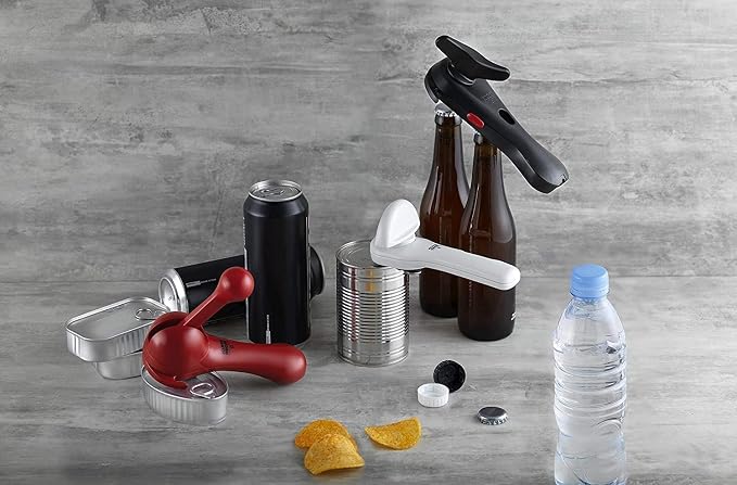 Kuhn Rikon Auto Safety LidLifter Can Opener with Ring-Pull Tool – Smooth-Edge Side-Cut Design for Safe, Touch-Free Lid Removal – Easy-Turn Handle, Swiss Engineered, Red