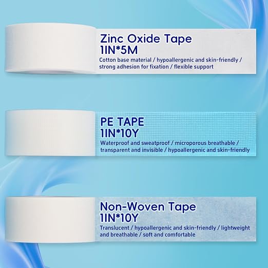 Medical Tape Variety Pack 3 Rolls PE,Non-Woven,Cotton Tape | Hypoallergenic latex-free tape; breathable waterproof; for sensitive skin, first aid & sports wrapping 