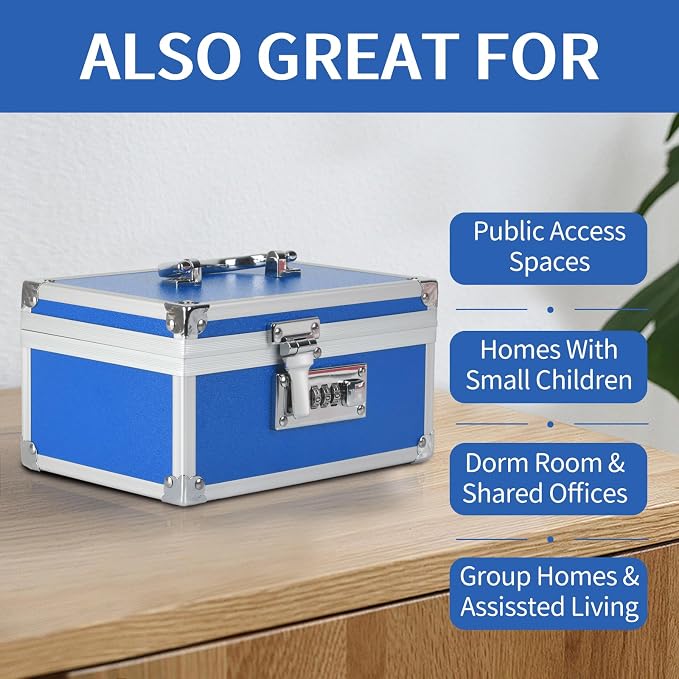 Medication Lock Box Aluminium Alloy Combination Lock for Home and Travel Medicine Lock Box,First Aid Safe Medication Storage Box,7.66''x 5.12''x 4.13'' (Blue)