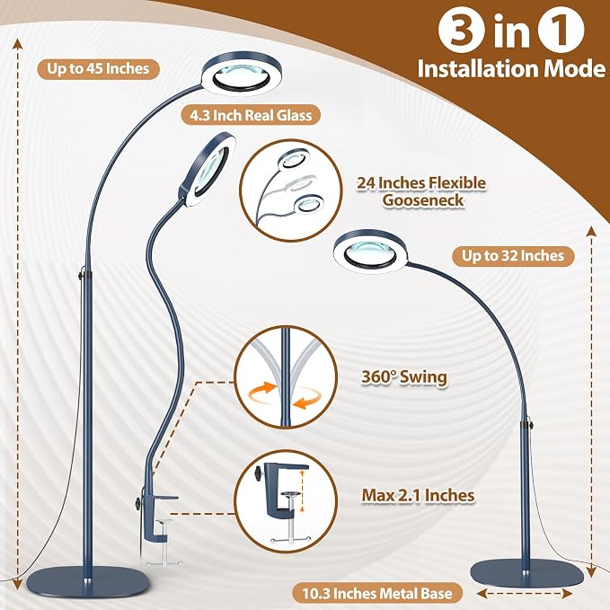 10X Magnifying Glass with Light and Stand, 24" Flexible Gooseneck Magnifying Floor Lamp, 3-in-1 LED 5 Color Modes Stepless Dimmable Lighted Magnifier Hands Free for Close Work, Reading - Blue