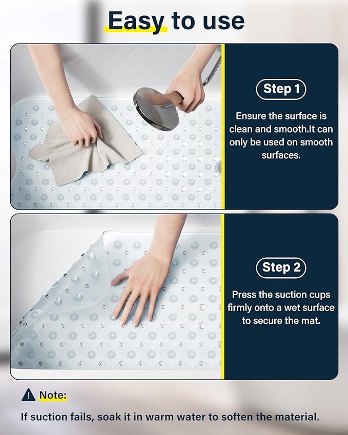 Non Slip Bathtub Mat for Tub & Shower, Machine Washable 40"x16" Anti Slip Bath Mat with 2 Hooks, Soft & Comfortable and Extra Large for Families, Clear