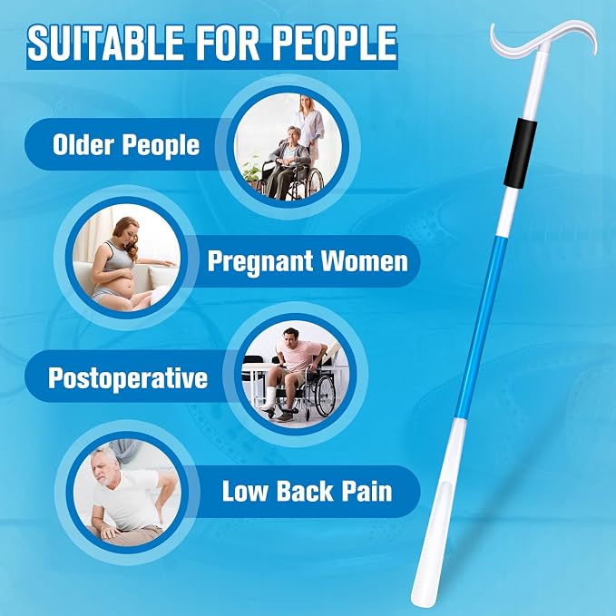 35" Long Shoe Horn for Seniors, 2-in-1 Dressing Stick with S-Hook for Elderly, Pregnant Women, Hip/Knee Surgery, Helps Put on Clothes & Shoes Without Straining (Blue)