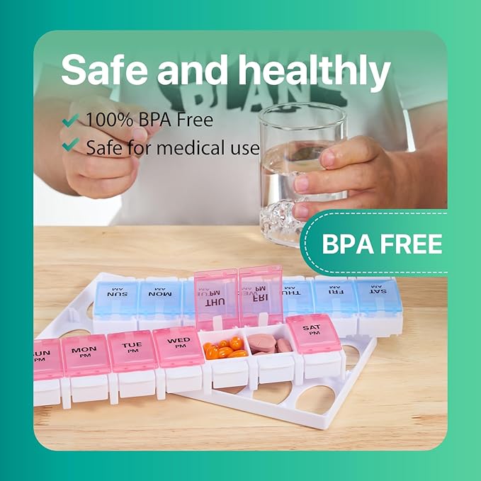 Sukuos Weekly Pill Organizer 7 Day 2 Times A Day, AM PM Medicine Pill Box with Easy Push Button, BPA Free Vitamin Cases for Fish Oil/Supplements, Easy to Clean (Red&Blue)
