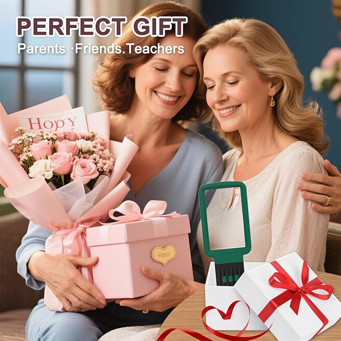 10X Magnifying Glass with Light and Stand, Real Glass Lens, Rechargeable Foldable Handheld Magnifier, 3 Color Modes Dimmable Lighted Page Magnifier for Reading Fine Prints, Seniors, Green Black