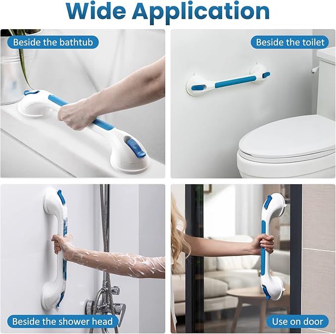 LEVERLOC Grab Bars for Bathtubs and Showers, Shower Handle 17 Inch Strong Suction Bath Handrails, Safety Grip for Bathroom Chair, Bathroom Grab Bar for Senior No Drilling Waterproof,Blue