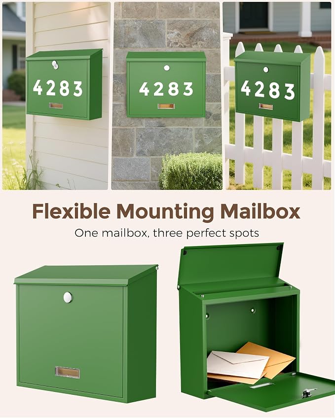 LAND·VOI Locking Wall-Mount Mailbox for Outside, with 4 Keys, Galvanized Steel Rustproof Metal Postbox, 4" Dx13.8 Wx11.2 H, Includes 3 Sets of Mailbox Numbers, Nameplate, Green