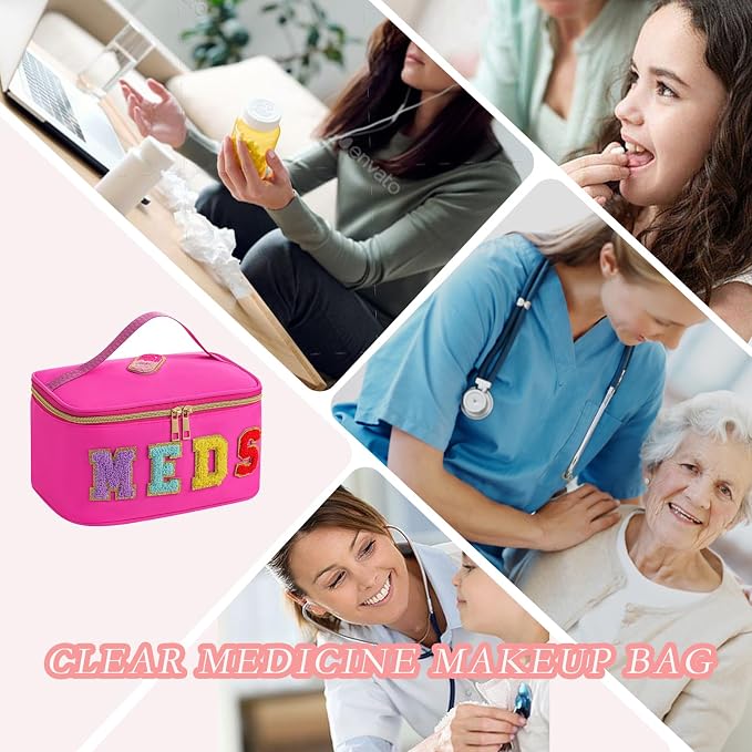 uekeboag Personalized Chenille Letter MEDS Makeup Bag, Portable Nylon Cosmetic Toiletry Storage bag with Top Handle, Transparent Meds Travel Organizer Cosmetic Bag(15Hot Pink)