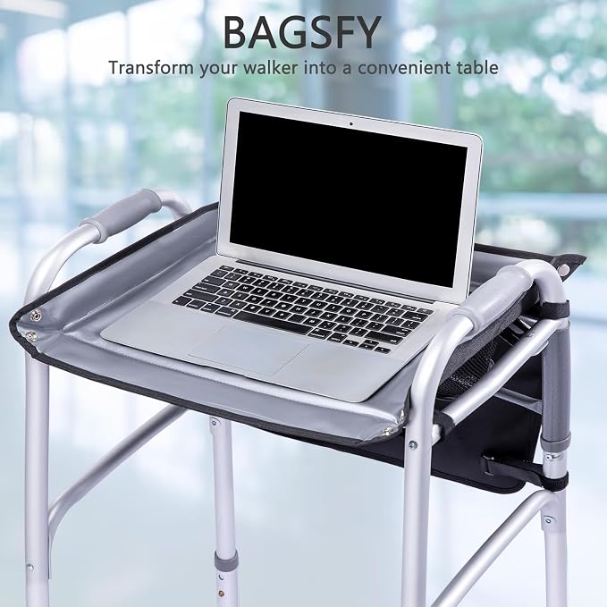 BAGSFY Walker Tray with Cup Holder & Front Walker Bag, Walker Basket for Seniors | Sturdy, Easy-Clean Tray with PEVA Surface | Universal Fit for Standard Walkers, Walker Accessories for Elderly