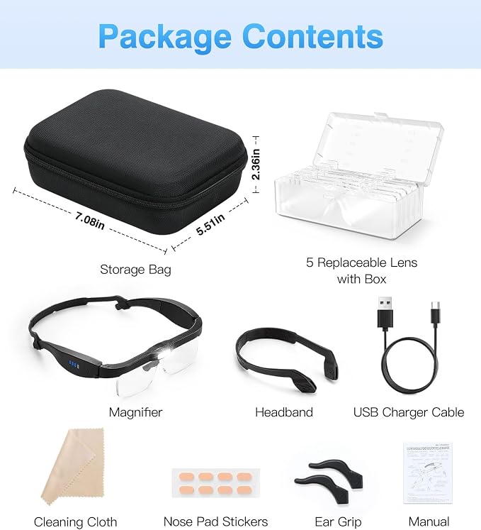 MoKo Magnifying Glasses with Light, 1X-4X Magnifier Headset | Hands-free headband magnifier includes 5 detachable lenses, adjustable LEDs and USB-C charging.