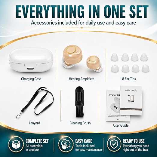 Rechargeable Hearing Amplifier for Seniors with Charging Case – Clear Sound for Conversations & TV Listening, Noise Reduction, Easy Volume Control, Comfortable In-Ear Design(Beige)