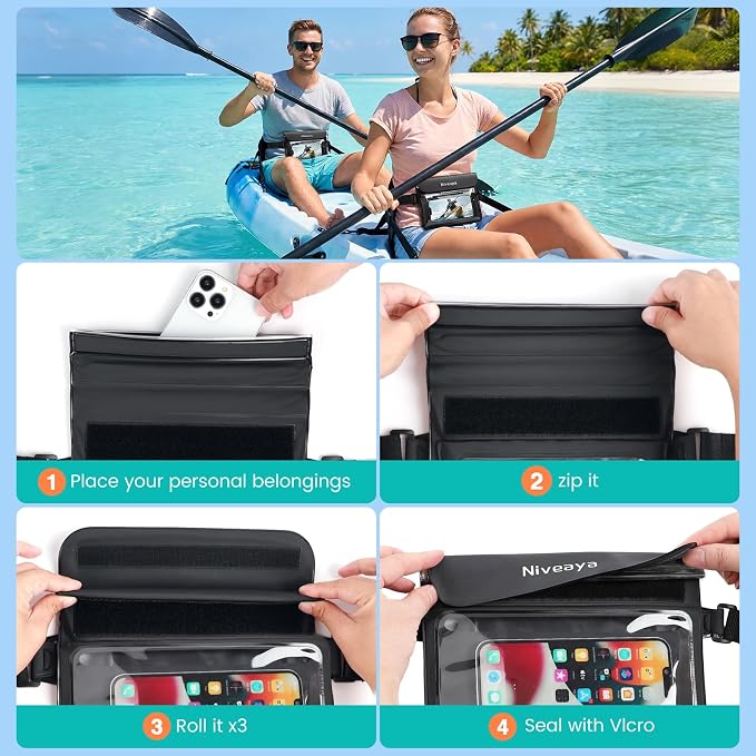 Niveaya IPX8 Waterproof Fanny Pack, Waterproof Pouch Dry Belt Bag for Beach, Kayaking, Swimming, Boat Travel Cruise Essentials, Waterproof Phone Bag Passport Holder for Women Men(2 Pack)